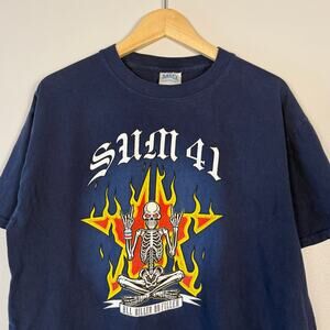 Vintage Y2K Sum 41 Pop Punk Rock Band Tee Shirt Navy Blue Skeleton Flames Large